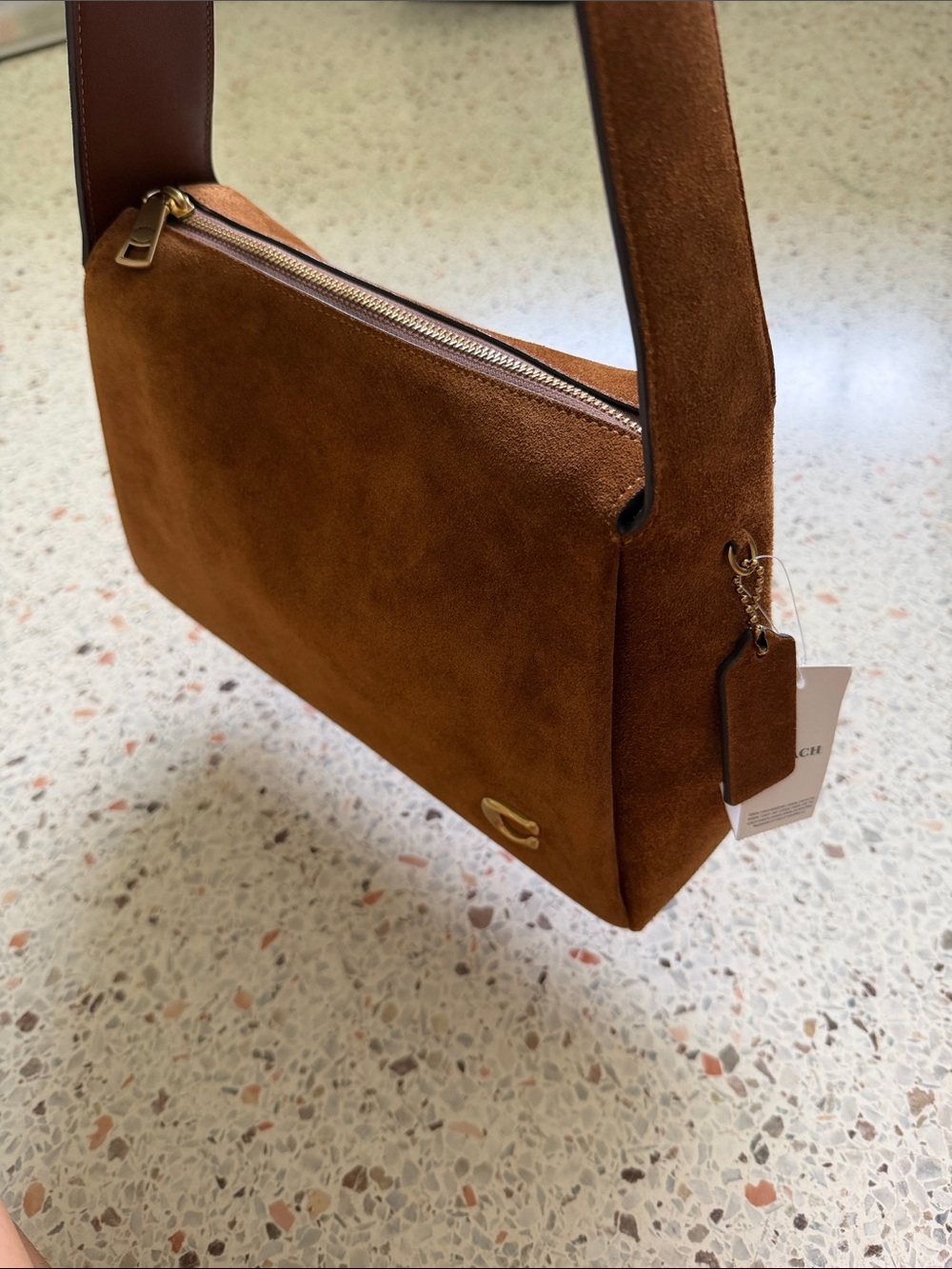 Coach Lola Shoulder Bag in Warm Brown Suede with Brass Hardware - Picture 4 of 6